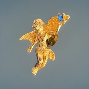Vintage Gold Tone Guardian Angel Small Tack Pin Blue Rhinestone Birthstone